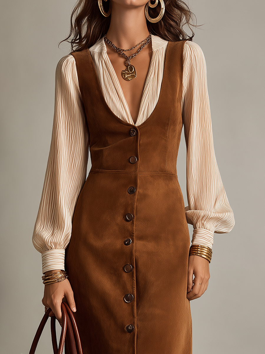 Vintage Camel Button Front Suede Vest Dress & Blouse Set