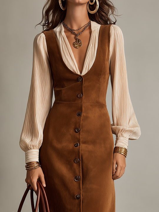 Vintage Camel Button Front Suede Vest Dress & Blouse Set