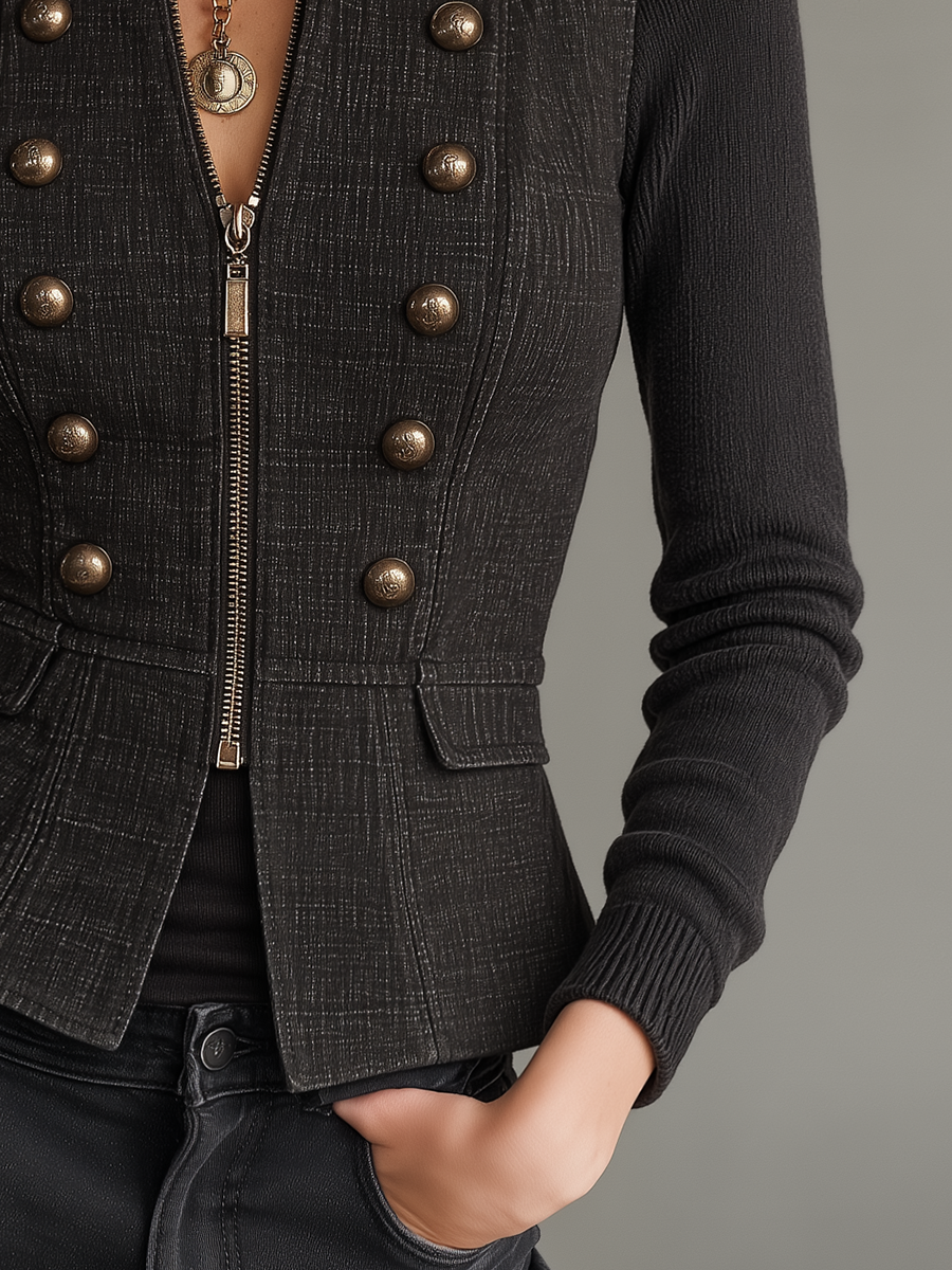 Vintage Charcoal Military Button Zip Front Jacket