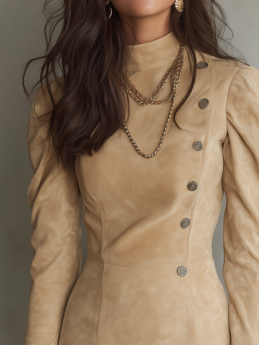 Refined Sand Beige Puff Sleeve Button Mini Dress