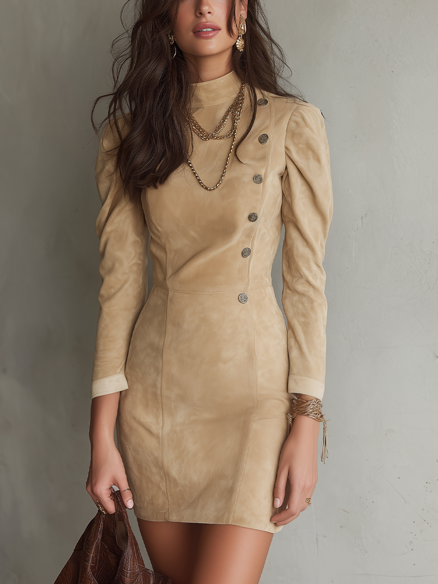 Refined Sand Beige Puff Sleeve Button Mini Dress