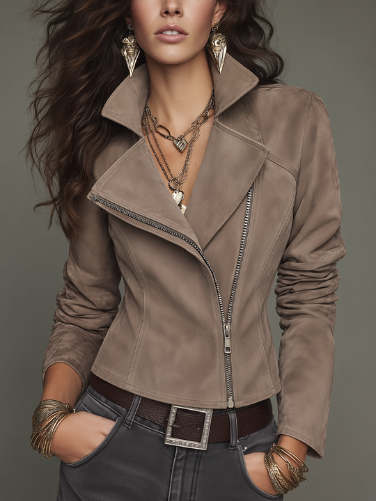 Vintage Taupe Asymmetric Zip Moto Jacket