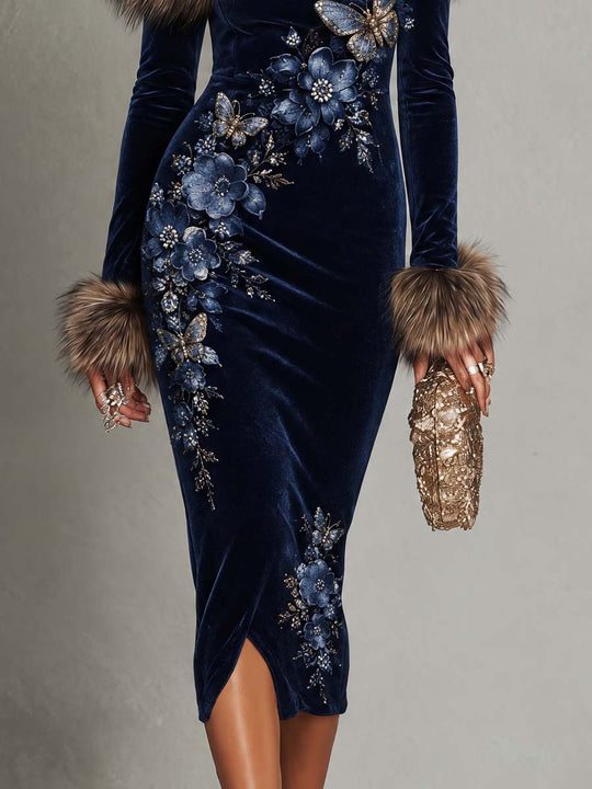 Navy Velvet-Look Off-Shoulder Midi Dress with Plush Trim and Floral Butterfly Detailing