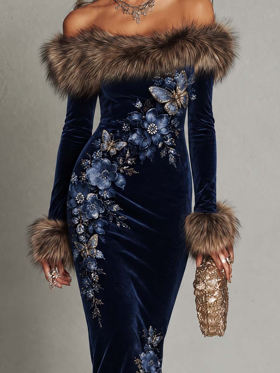 Navy Velvet-Look Off-Shoulder Midi Dress with Plush Trim and Floral Butterfly Detailing