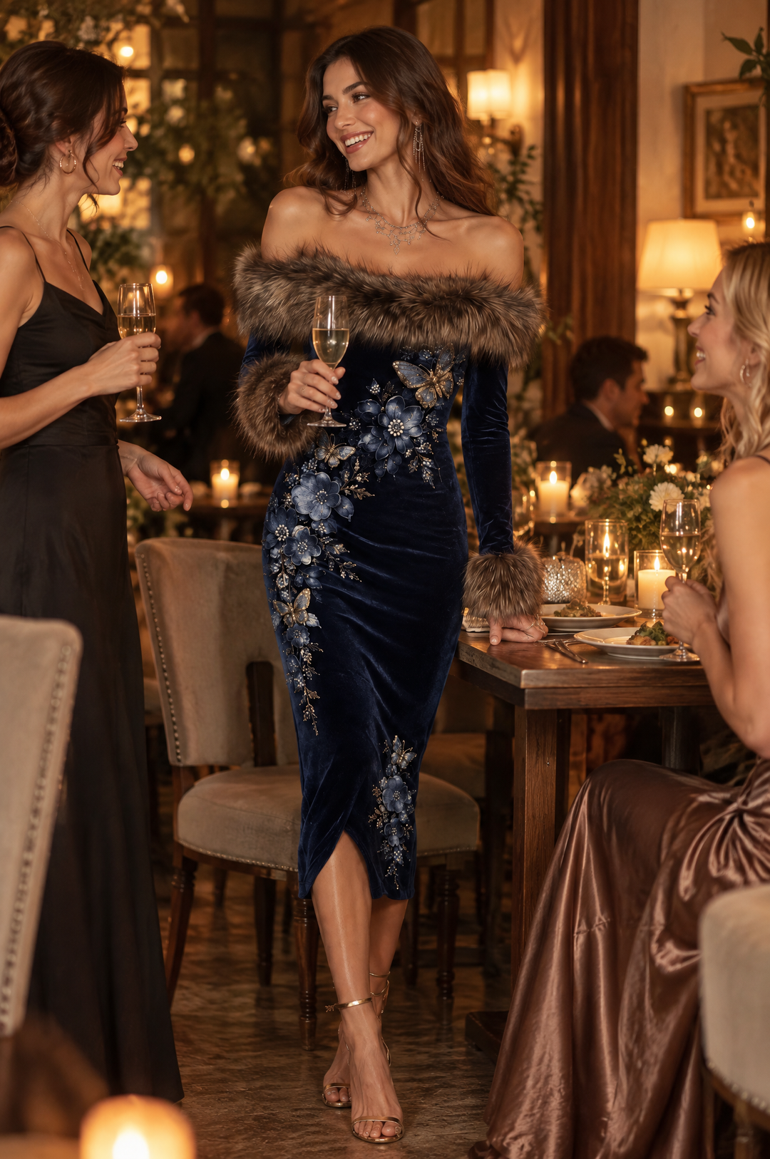 Navy Velvet-Look Off-Shoulder Midi Dress with Plush Trim and Floral Butterfly Detailing