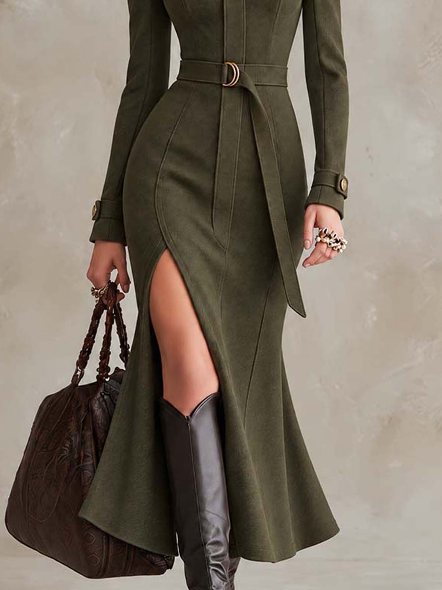 Military-Inspired Suede Olive Green High-Neck Belted Midi Dress