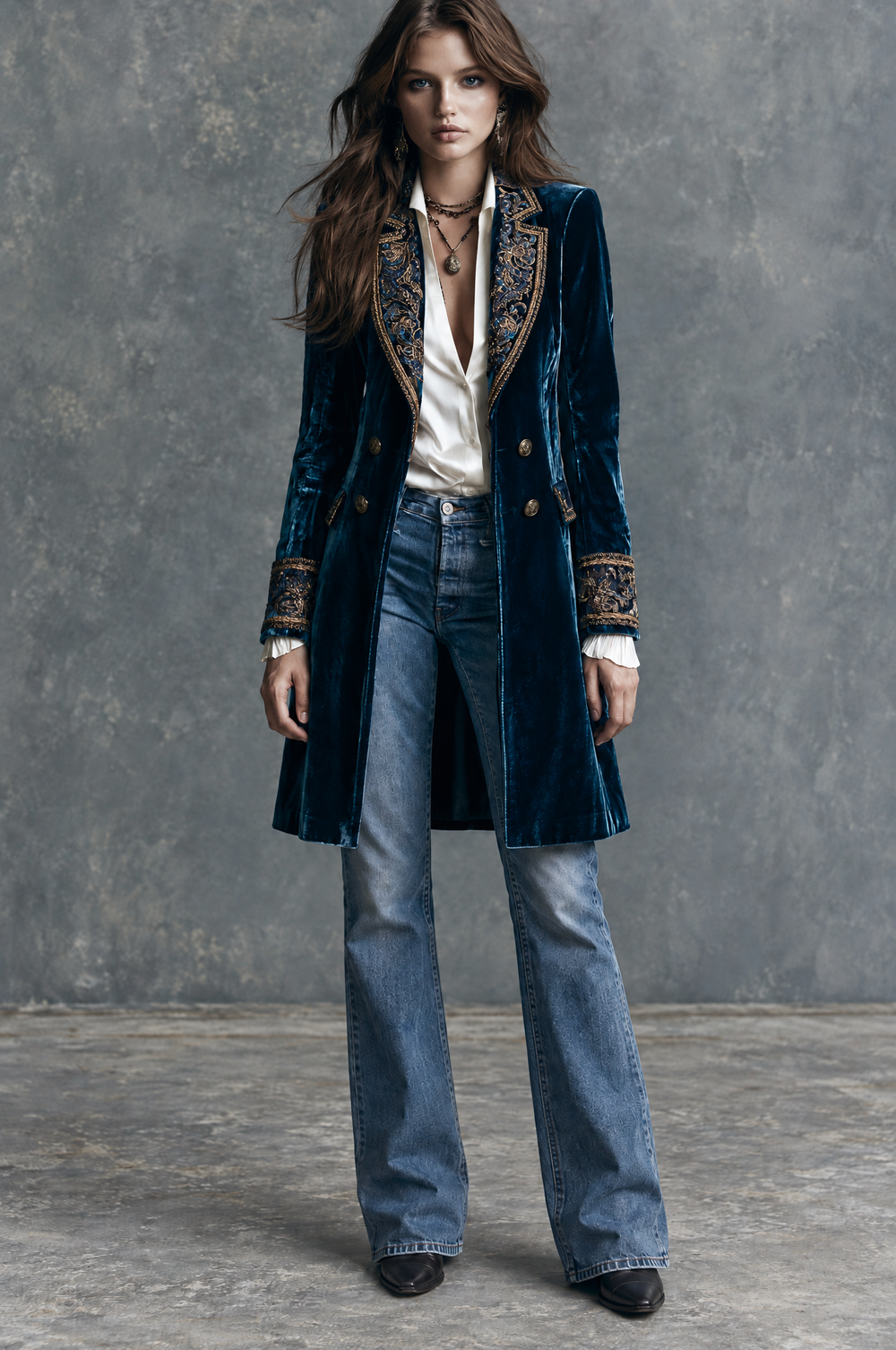 Vintage Deep Blue Velvet Gold-Tone Embroidered Midi Blazer
