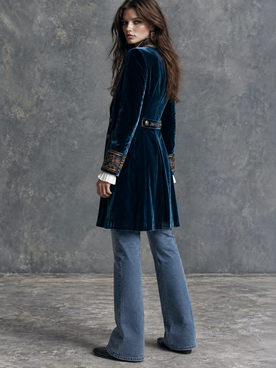 Vintage Deep Blue Velvet Gold-Tone Embroidered Midi Blazer