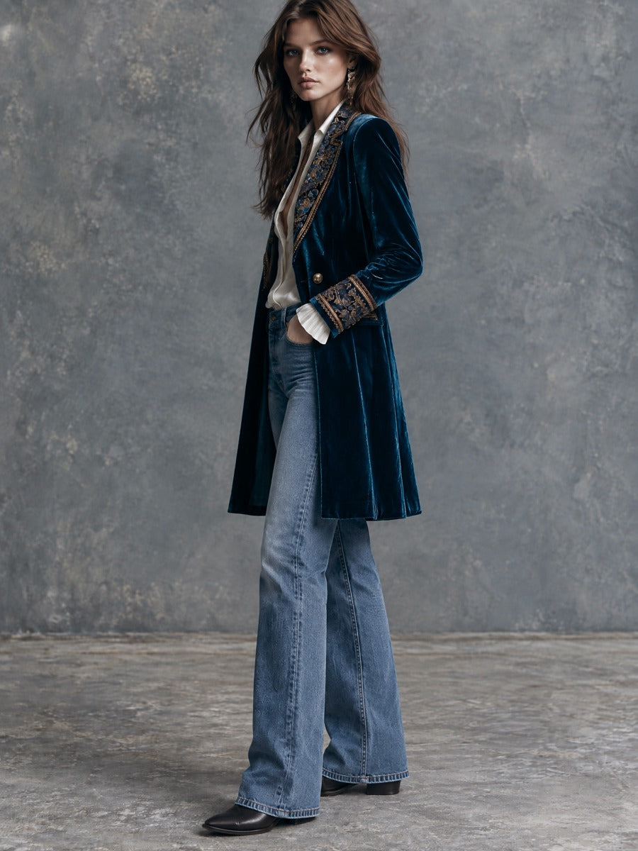 Vintage Deep Blue Velvet Gold-Tone Embroidered Midi Blazer