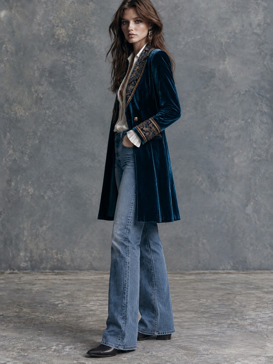 Vintage Deep Blue Velvet Gold-Tone Embroidered Midi Blazer