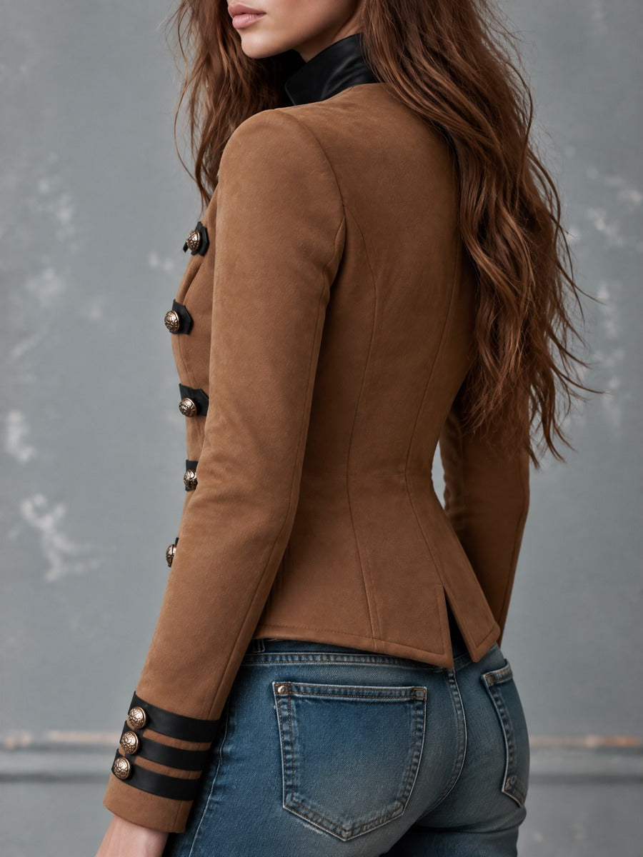 Retro Brown Microsuede Black Contrast Trim And Ornate Buttons Jacket