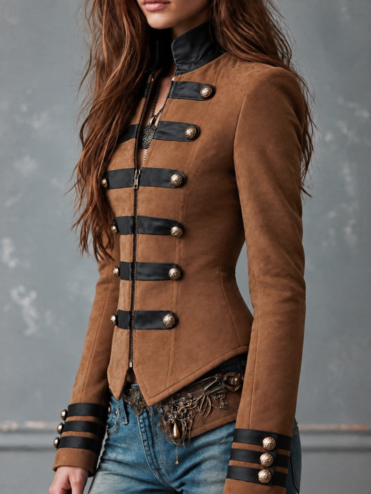 Retro Brown Microsuede Black Contrast Trim And Ornate Buttons Jacket