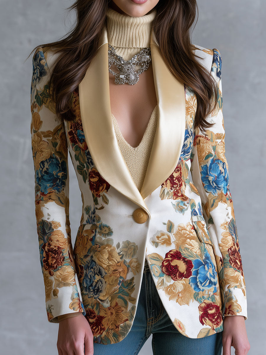 Boho Floral Single-Button Blazer With Satin Shawl Lapel