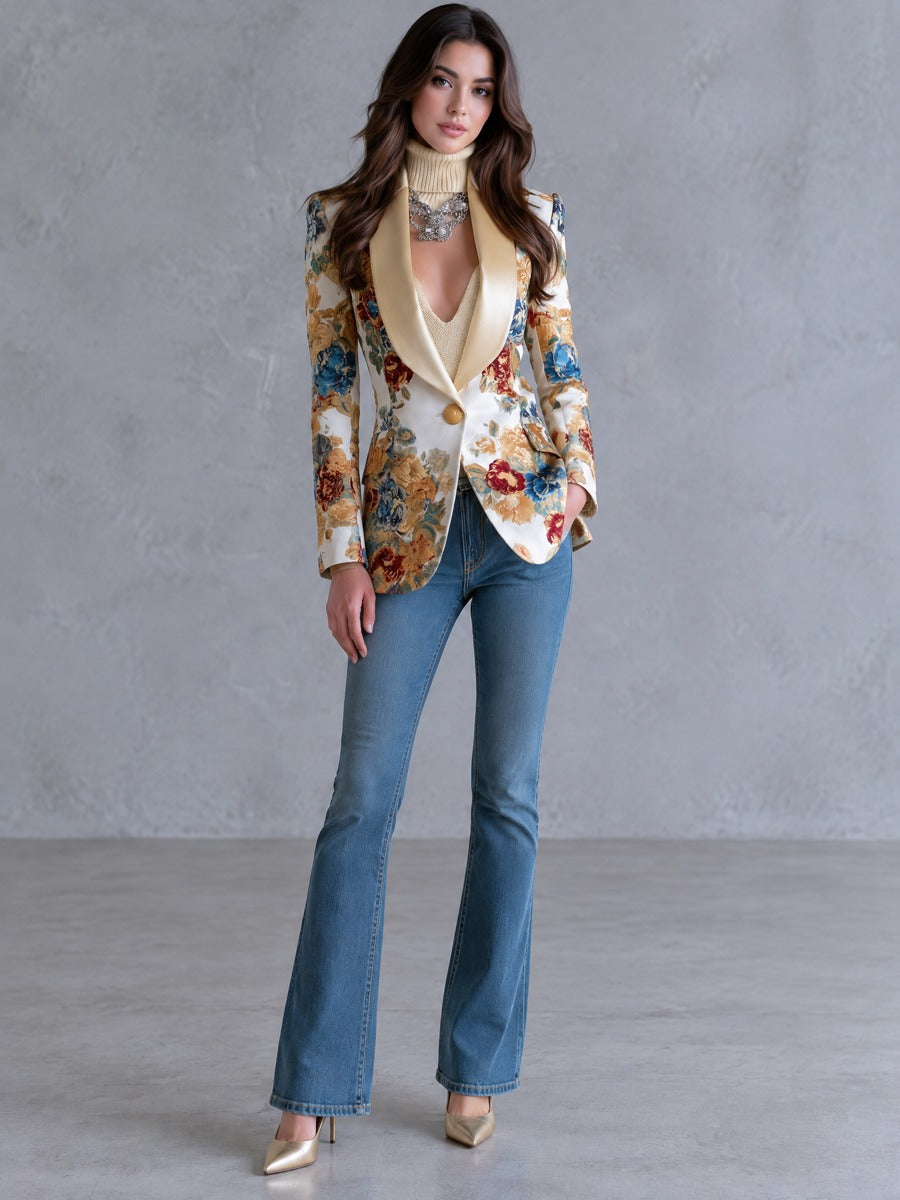 Boho Floral Single-Button Blazer With Satin Shawl Lapel
