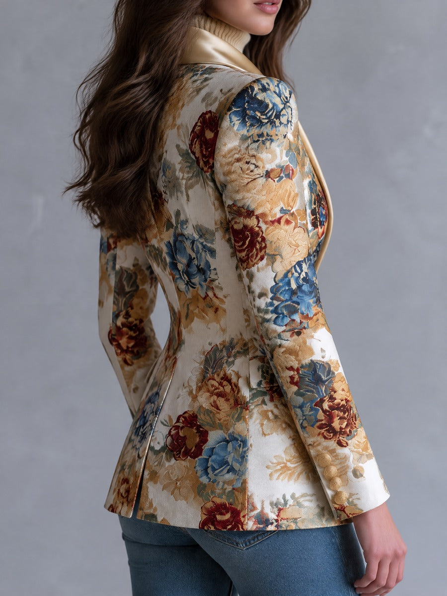 Boho Floral Single-Button Blazer With Satin Shawl Lapel