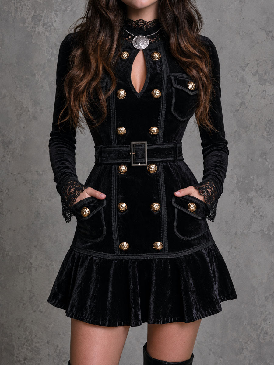 Retro Black Velvet Double-breasted Belted Mini Dress With Lace Trim