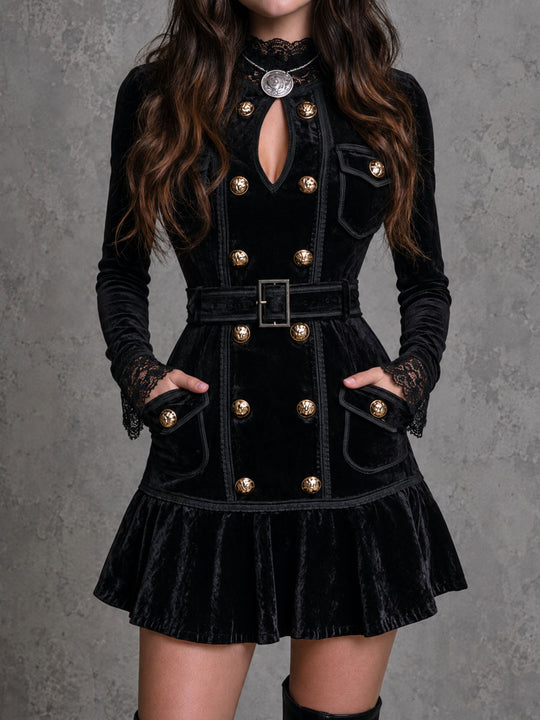 Retro Black Velvet Double-breasted Belted Mini Dress With Lace Trim