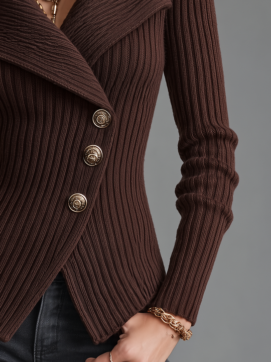 Refined Chocolate Brown Ribbed Asymmetric Button Knit Cardigan