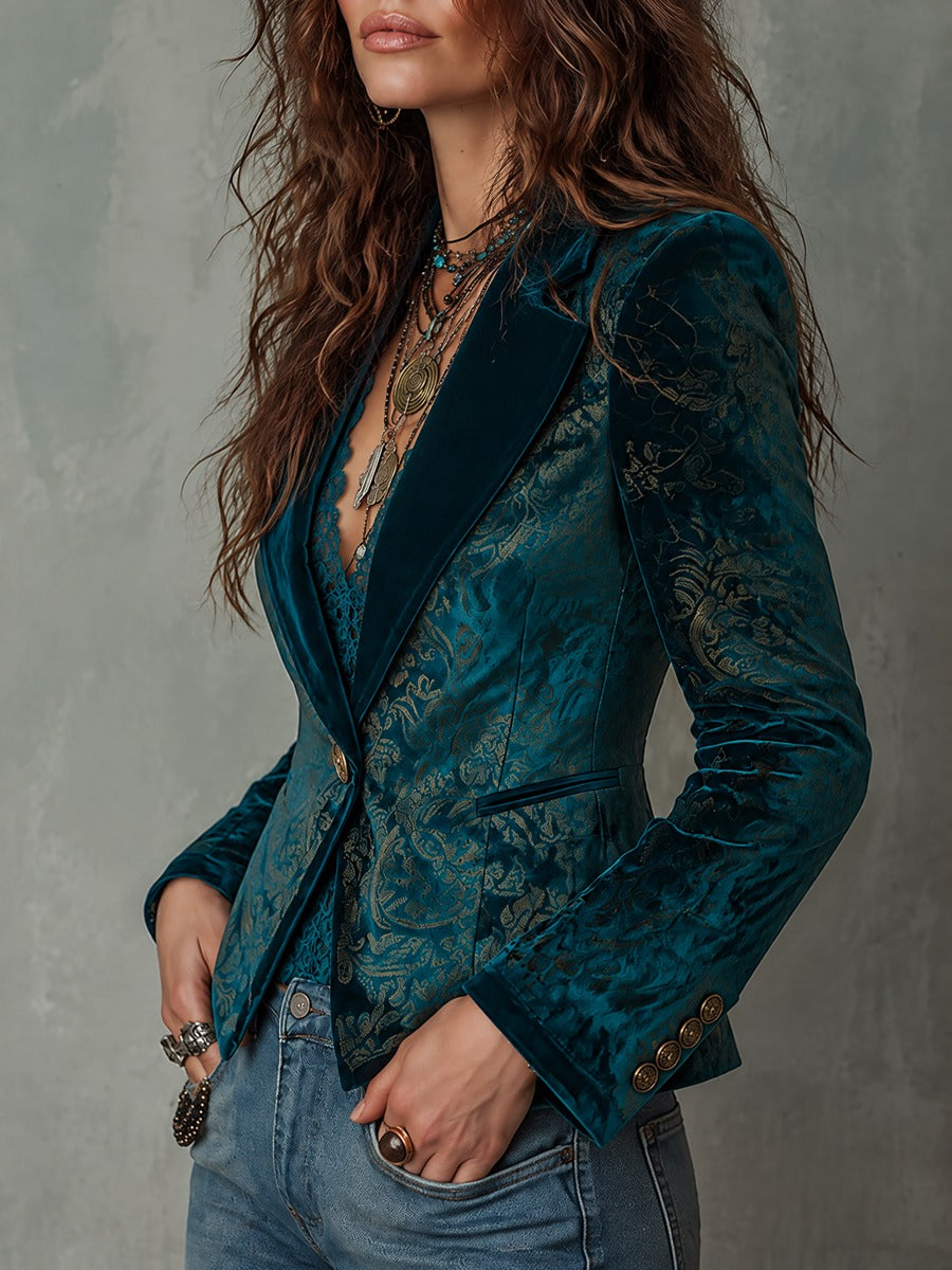 Retro Teal and Gold Ornate Pattern Blazer with Shawl Lapels