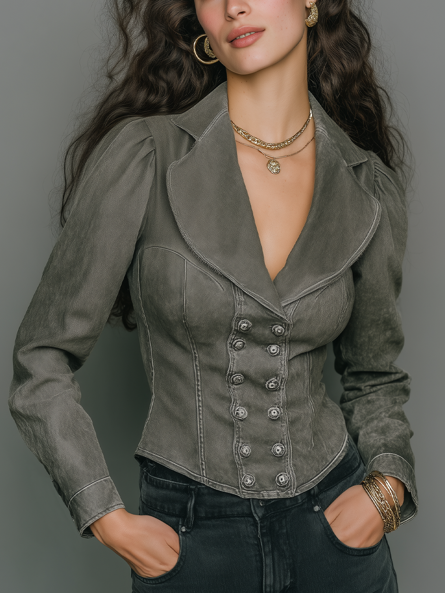 Vintage Charcoal Washed Double-Breasted Tailored Jacket