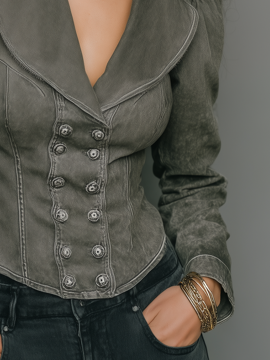 Vintage Charcoal Washed Double-Breasted Tailored Jacket
