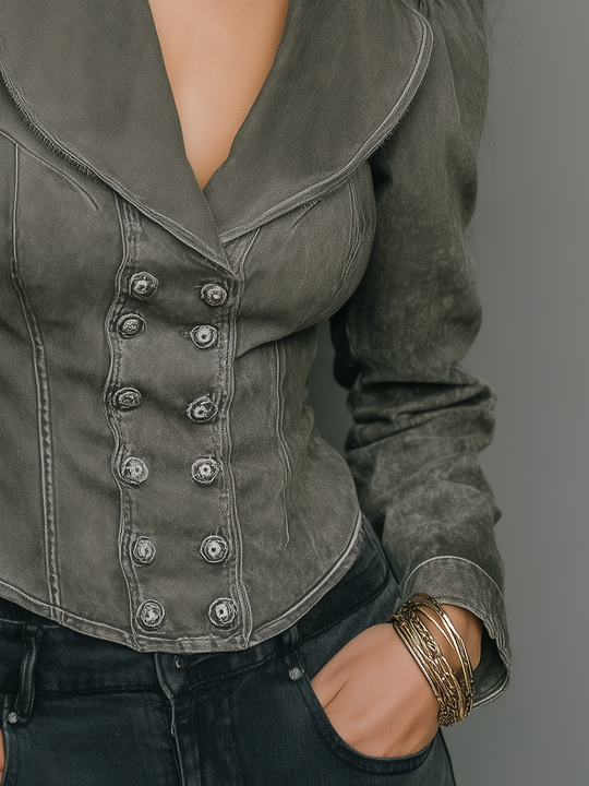 Vintage Charcoal Washed Double-Breasted Tailored Jacket