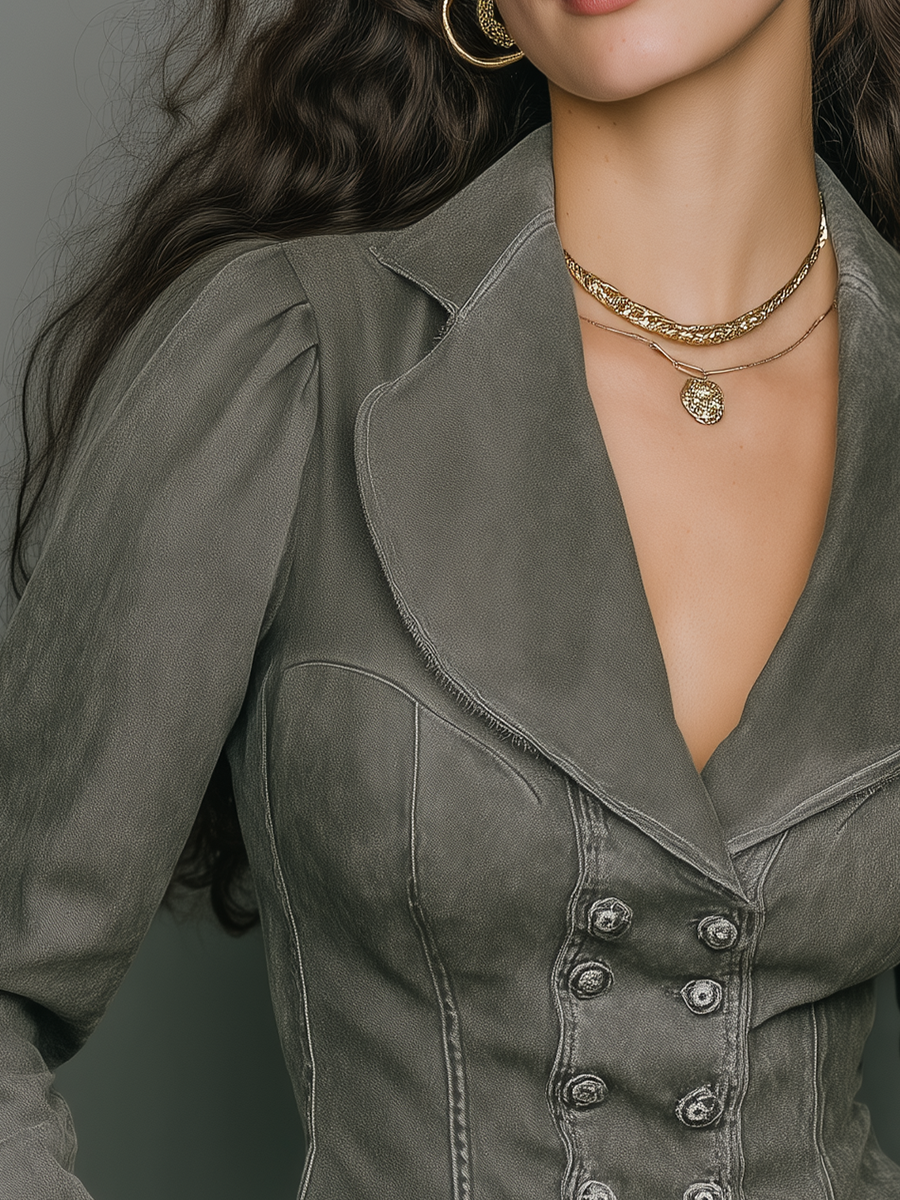 Vintage Charcoal Washed Double-Breasted Tailored Jacket