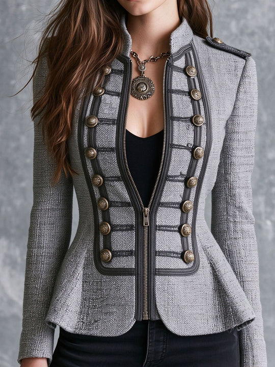 Vintage Contrast Trim And Ornate Buttons Grey Zip-Front Jacket