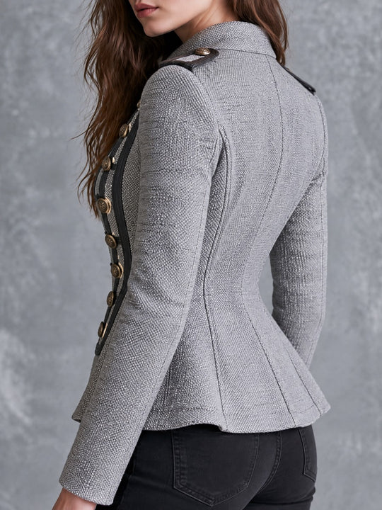 Vintage Contrast Trim And Ornate Buttons Grey Zip-Front Jacket