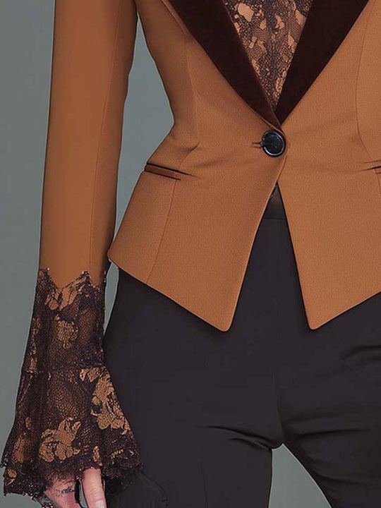 Retro Velvet Lapel Lace Cuff Slim-fit Blazer