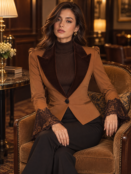 Retro Velvet Lapel Lace Cuff Slim-fit Blazer