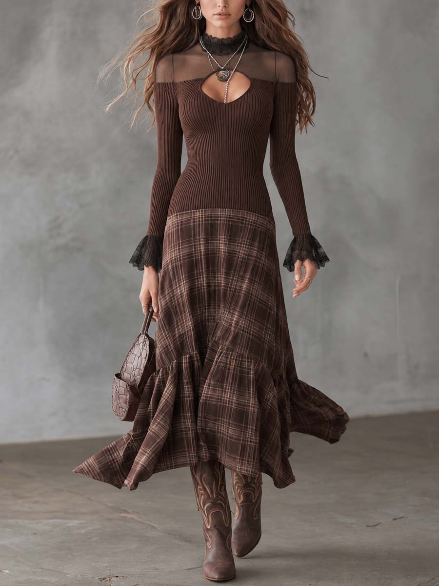 Vintage-style Sheer-shoulder Plaid Knit Midi Dress