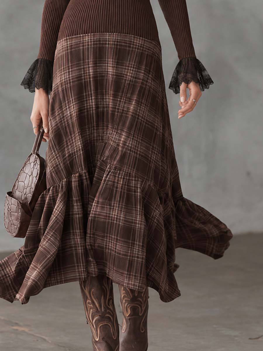Vintage-style Sheer-shoulder Plaid Knit Midi Dress