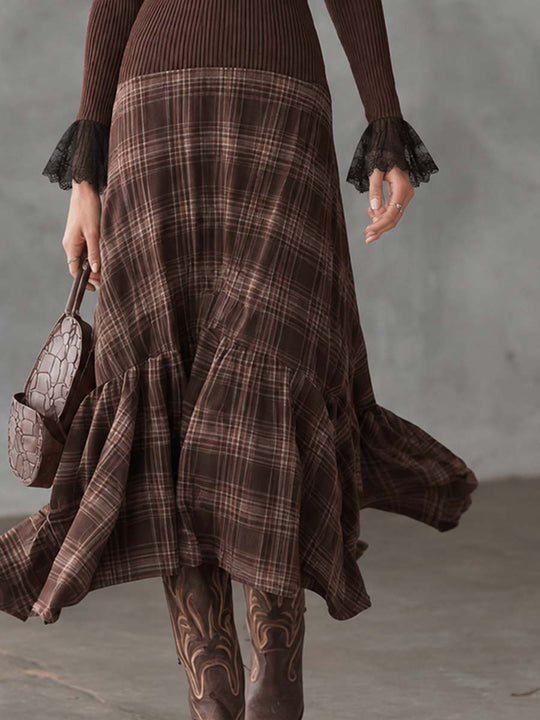 Vintage-style Sheer-shoulder Plaid Knit Midi Dress
