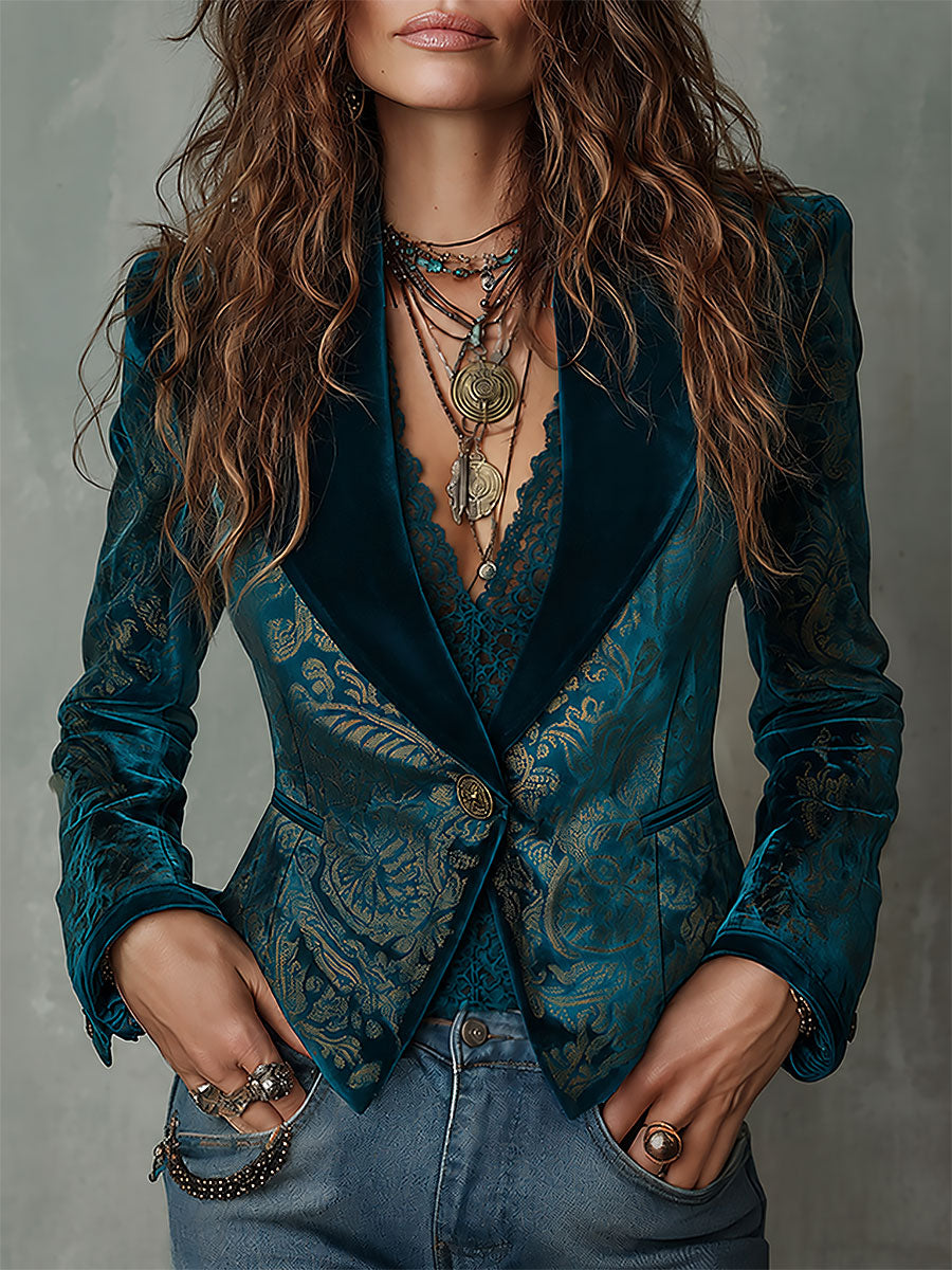 Retro Teal and Gold Ornate Pattern Blazer with Shawl Lapels
