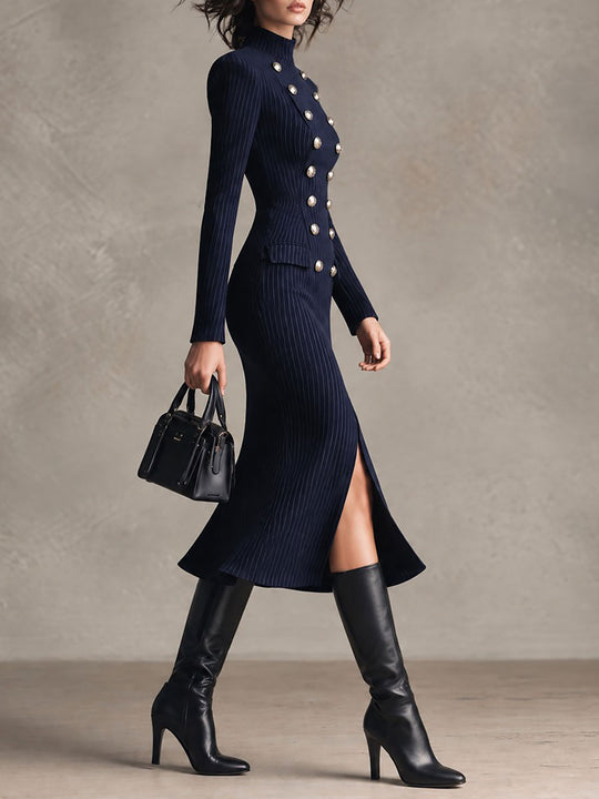 Retro Navy Pinstripe High-Neck Front Slit Midi Dress with Metallic Buttons