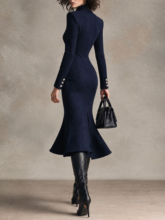 Retro Navy Pinstripe High-Neck Front Slit Midi Dress with Metallic Buttons