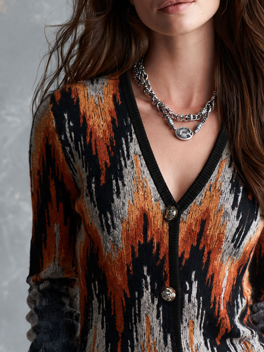 Vintage Abstract Pattern V-Neck Button-Front Knit Cardigan