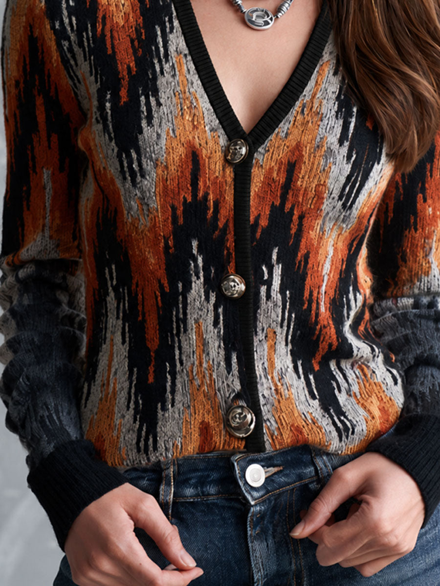 Vintage Abstract Pattern V-Neck Button-Front Knit Cardigan