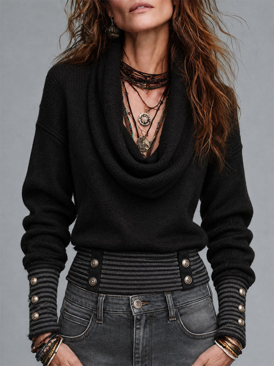 Boho Black Cowl Neck Button Accents Sweater With Striped Trim