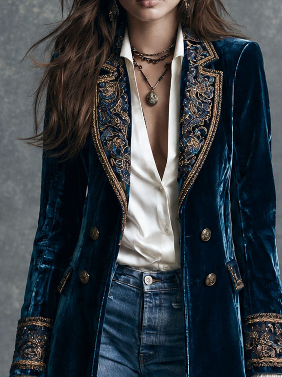 Vintage Deep Blue Velvet Gold-Tone Embroidered Midi Blazer