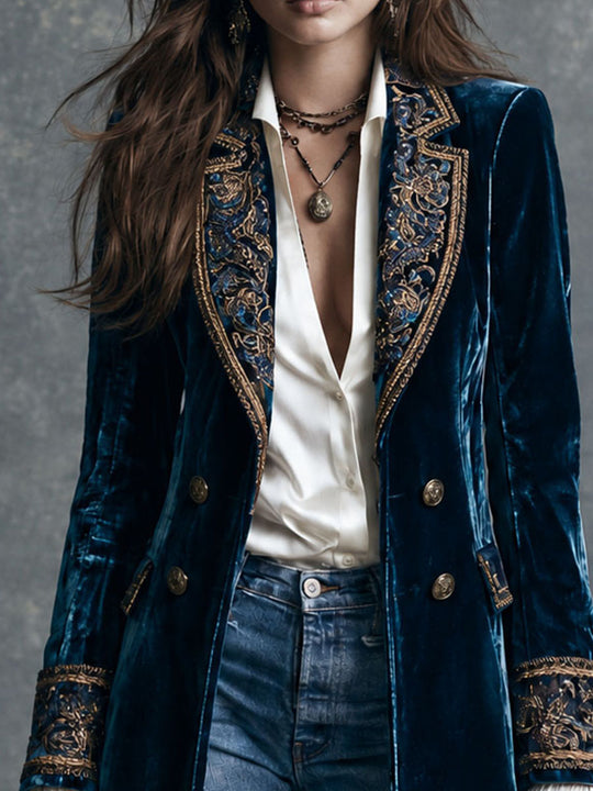 Vintage Deep Blue Velvet Gold-Tone Embroidered Midi Blazer