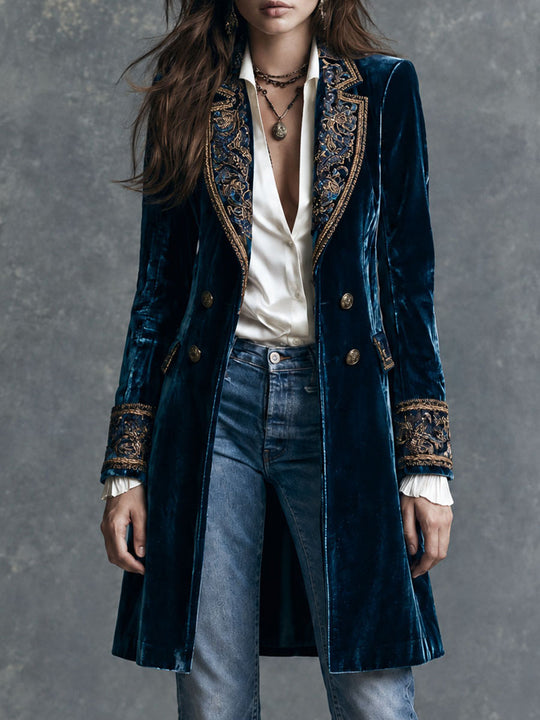 Vintage Deep Blue Velvet Gold-Tone Embroidered Midi Blazer