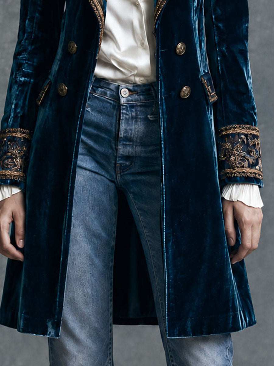 Vintage Deep Blue Velvet Gold-Tone Embroidered Midi Blazer