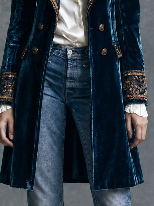 Vintage Deep Blue Velvet Gold-Tone Embroidered Midi Blazer