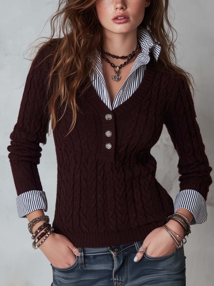 Women's Faux-layered Burgundy Cable-Knit V-Neck Sweater