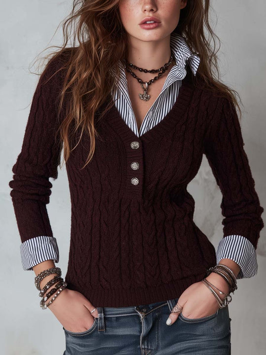 Women's Faux-layered Burgundy Cable-Knit V-Neck Sweater