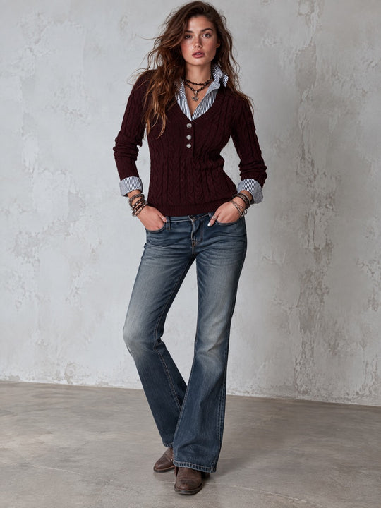 Women's Faux-layered Burgundy Cable-Knit V-Neck Sweater