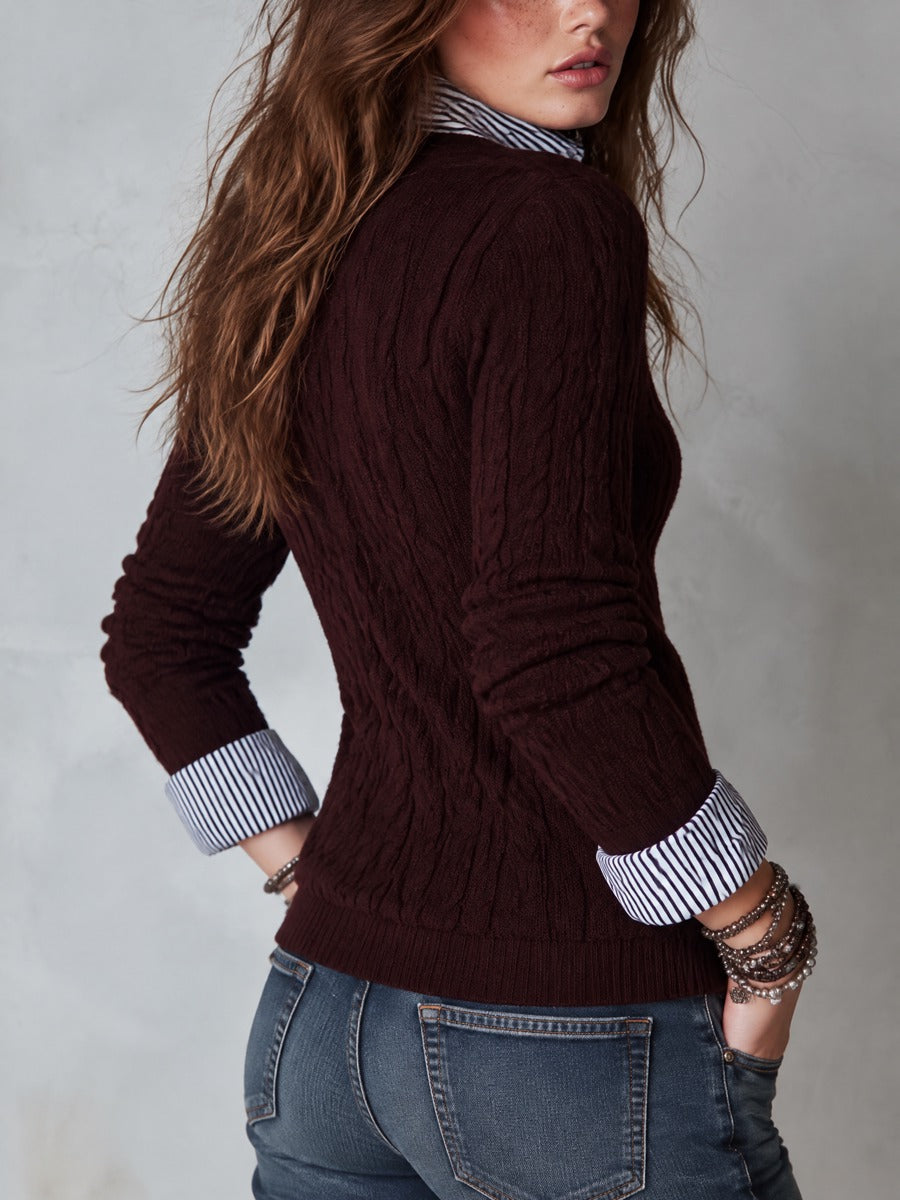 Women's Faux-layered Burgundy Cable-Knit V-Neck Sweater