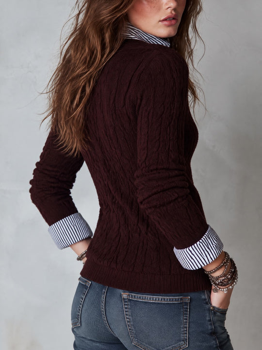 Women's Faux-layered Burgundy Cable-Knit V-Neck Sweater
